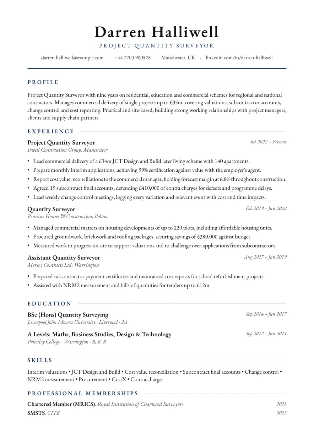 Project Quantity Surveyor CV template