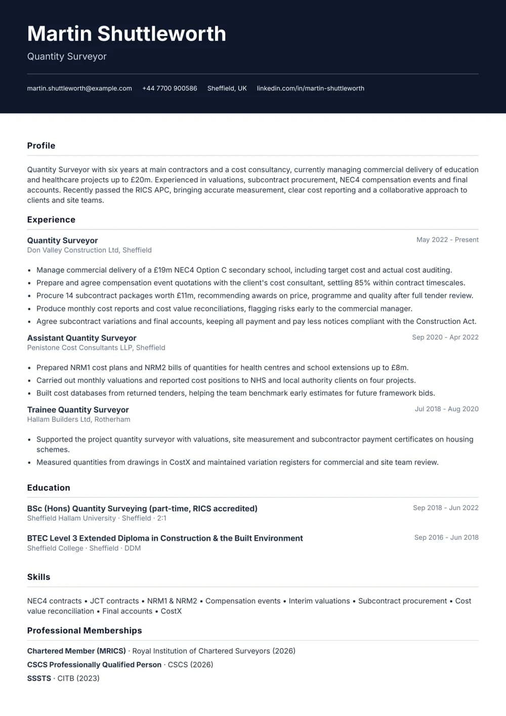 quantity surveyor cv template