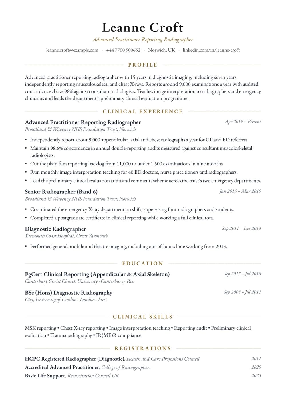 Reporting Radiographer CV template