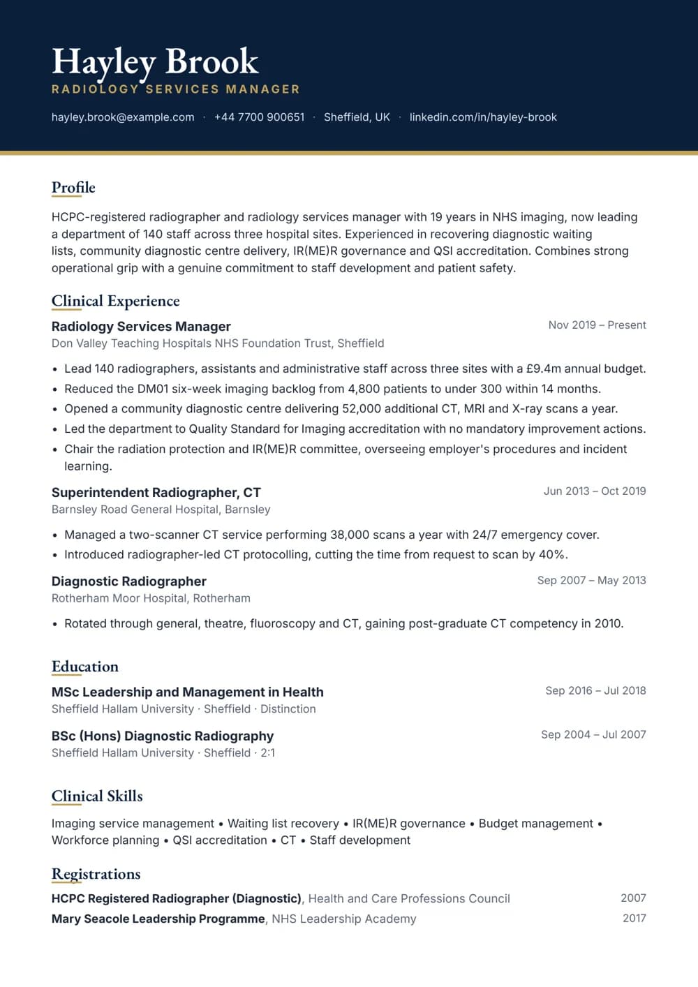 radiology services manager cv template