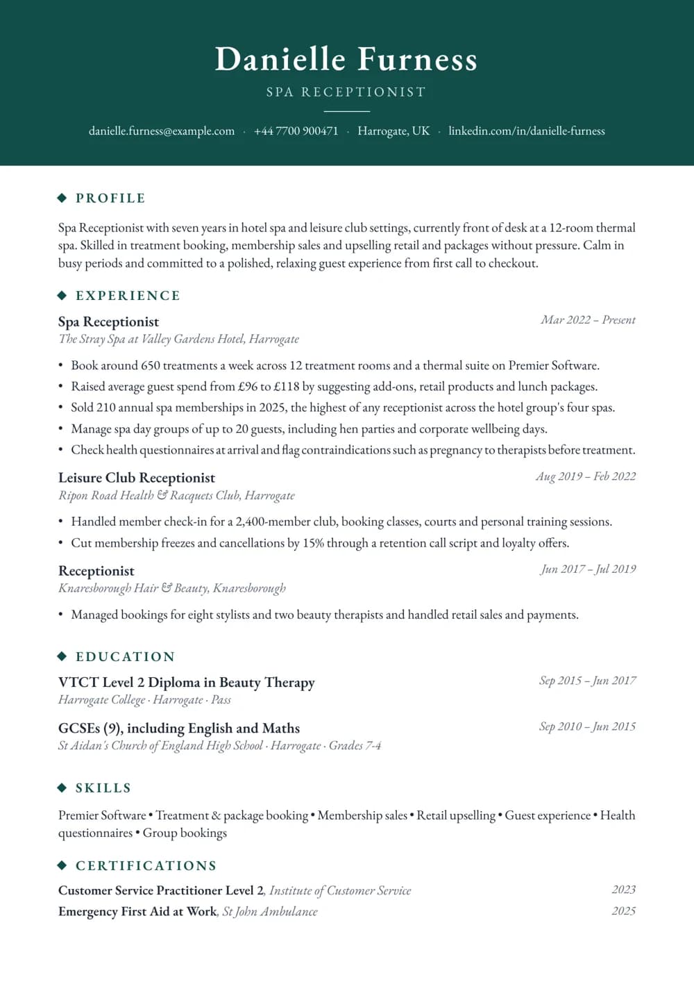 spa & leisure receptionist cv template