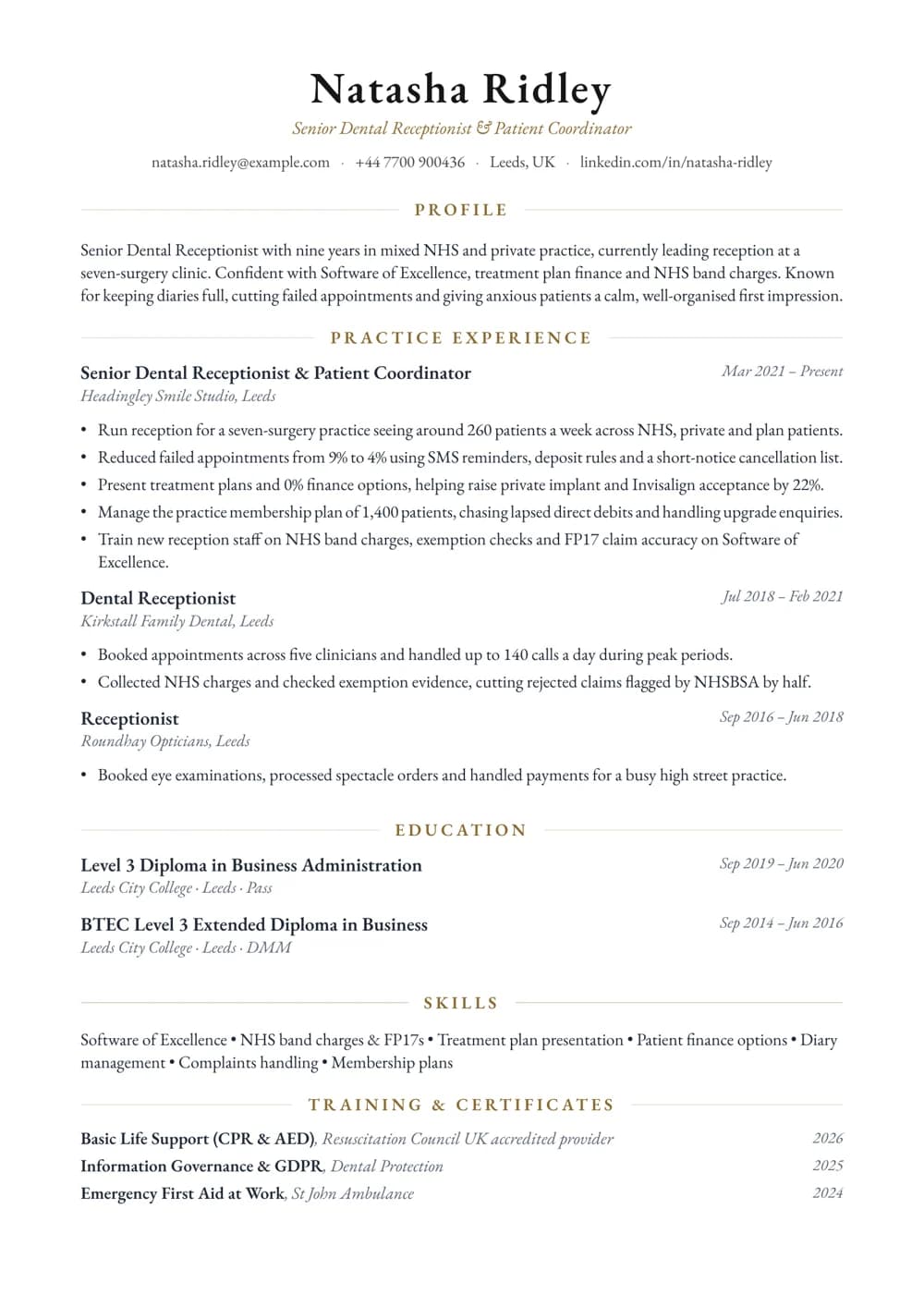Dental Practice Receptionist CV template