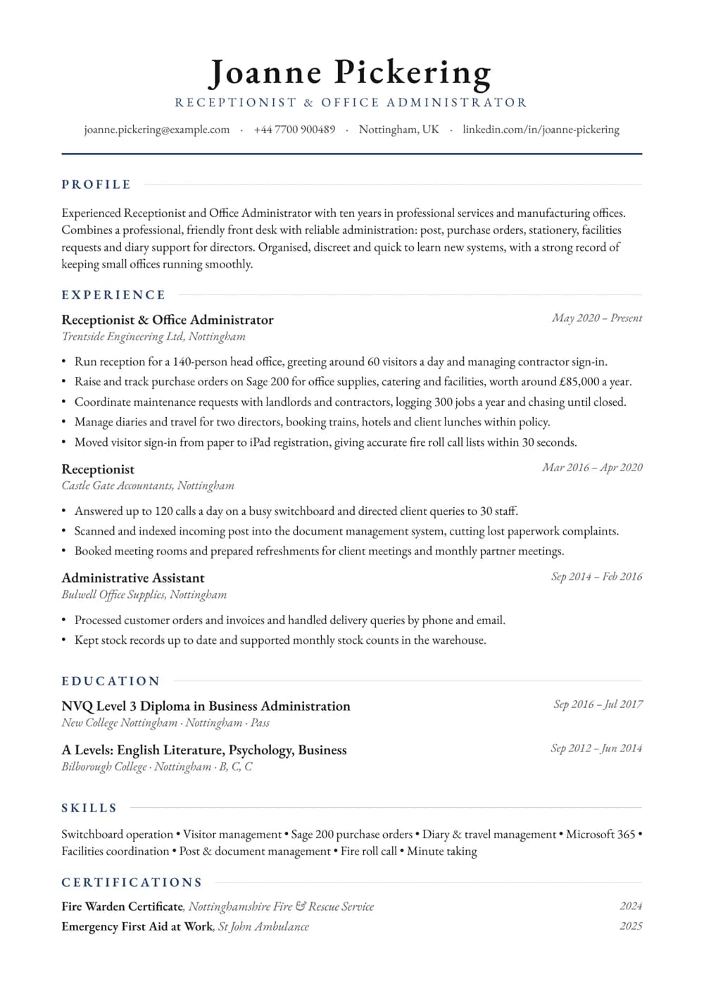 Receptionist Administrator CV template