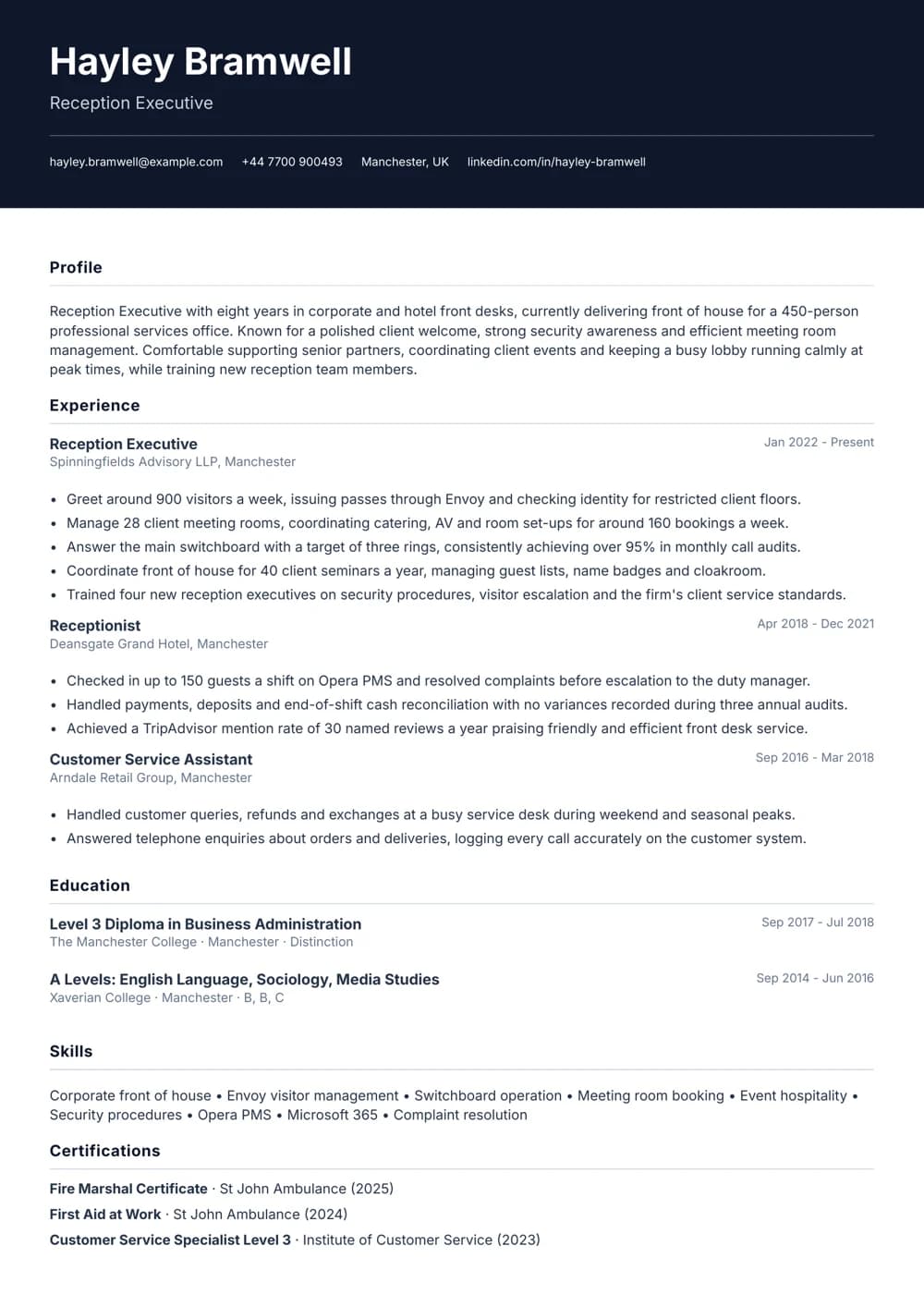 reception executive cv template