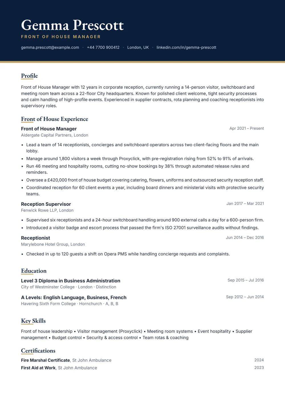 front of house manager cv template