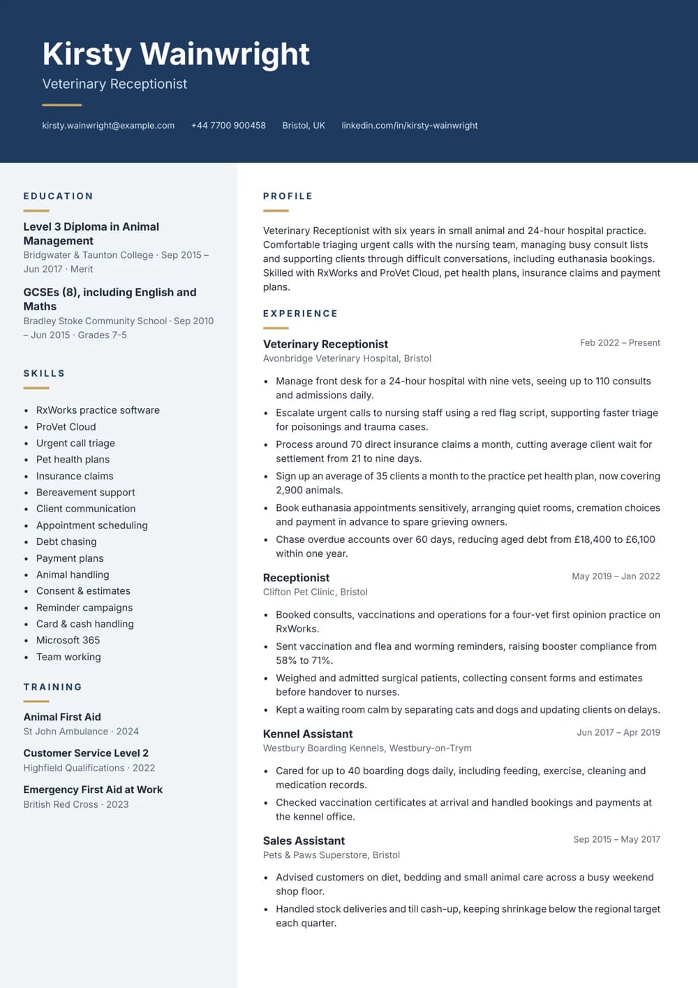 Veterinary Receptionist CV template