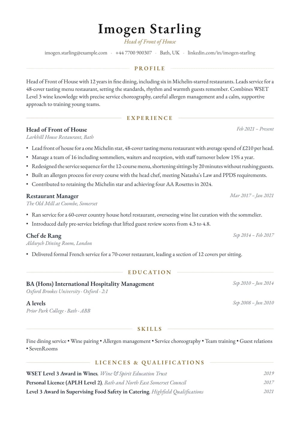 Head of Front of House CV template