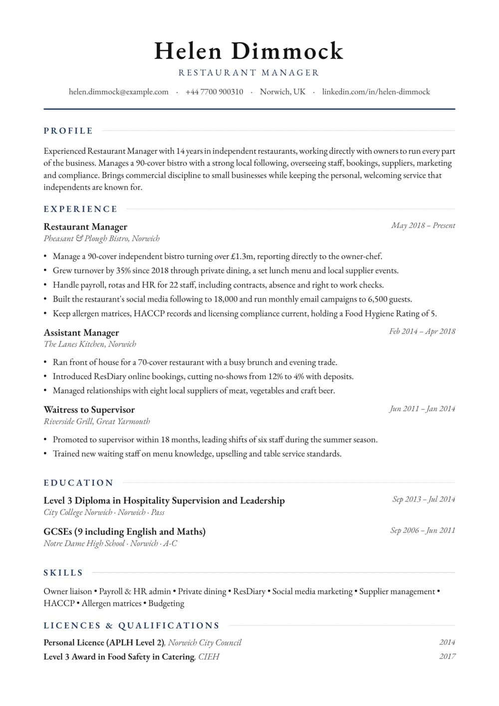 Independent Restaurant Manager CV template