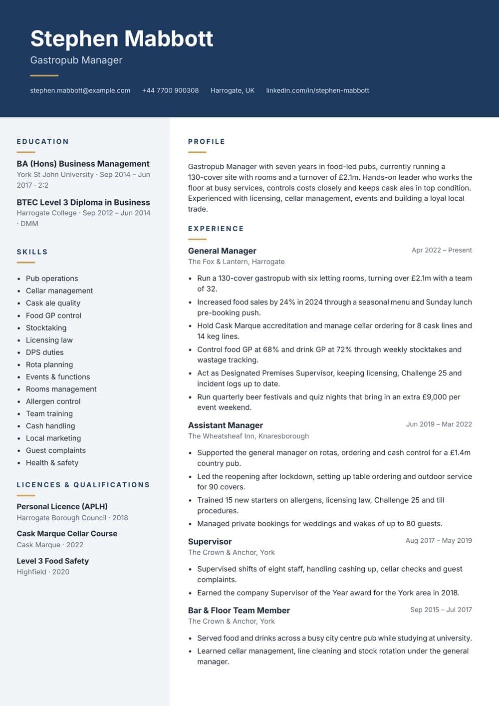 Gastropub Manager CV template