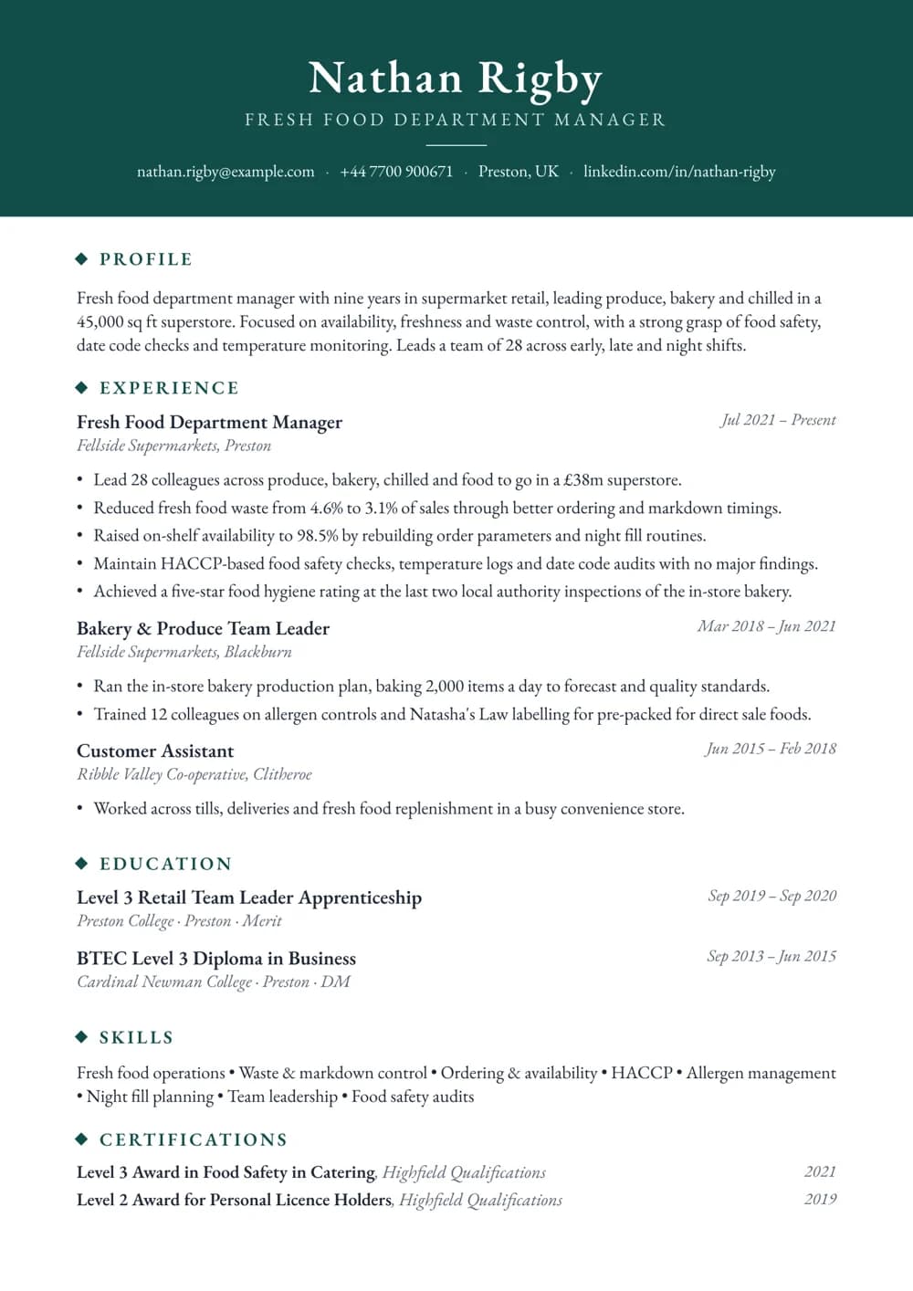 food retail department manager cv template