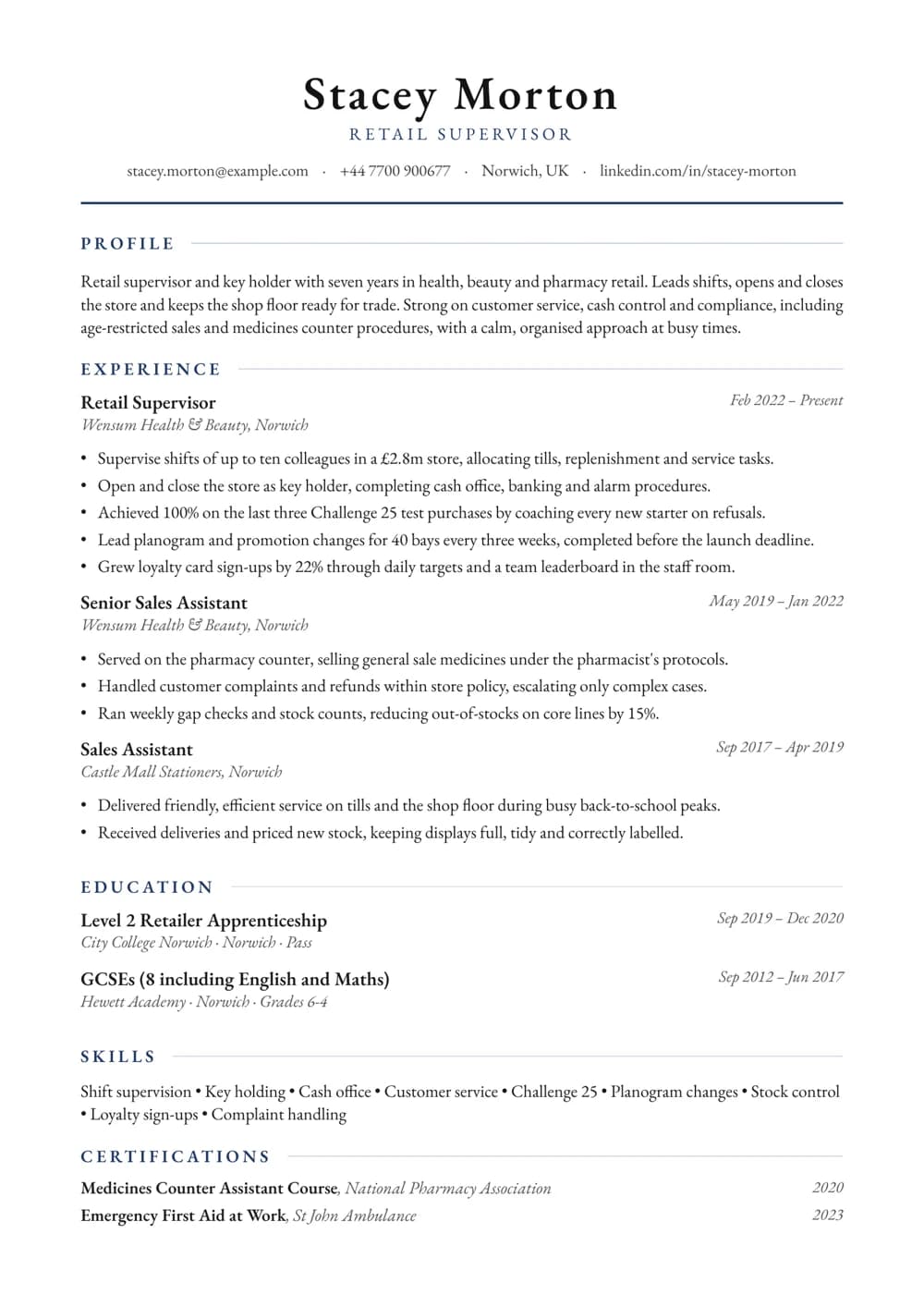 Retail Supervisor CV template