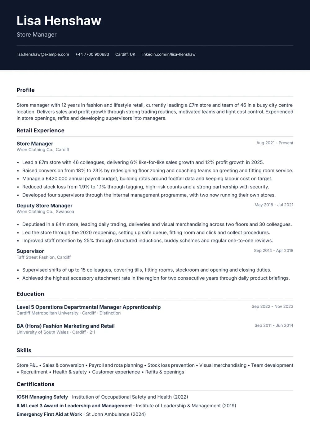 retail store manager cv template