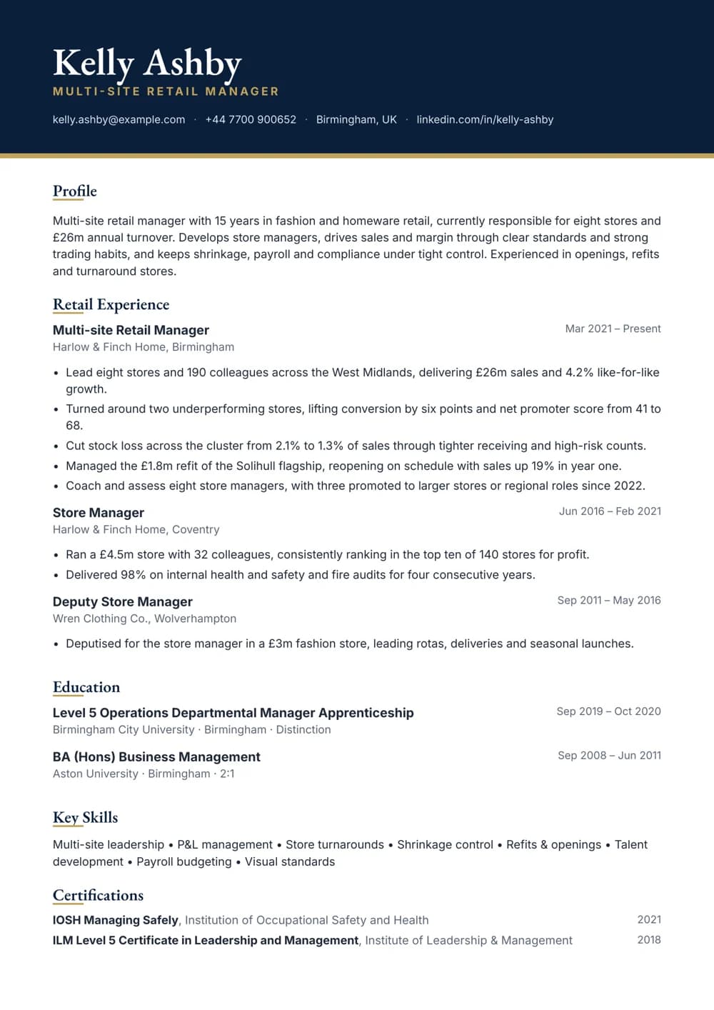 multi-site retail manager cv template