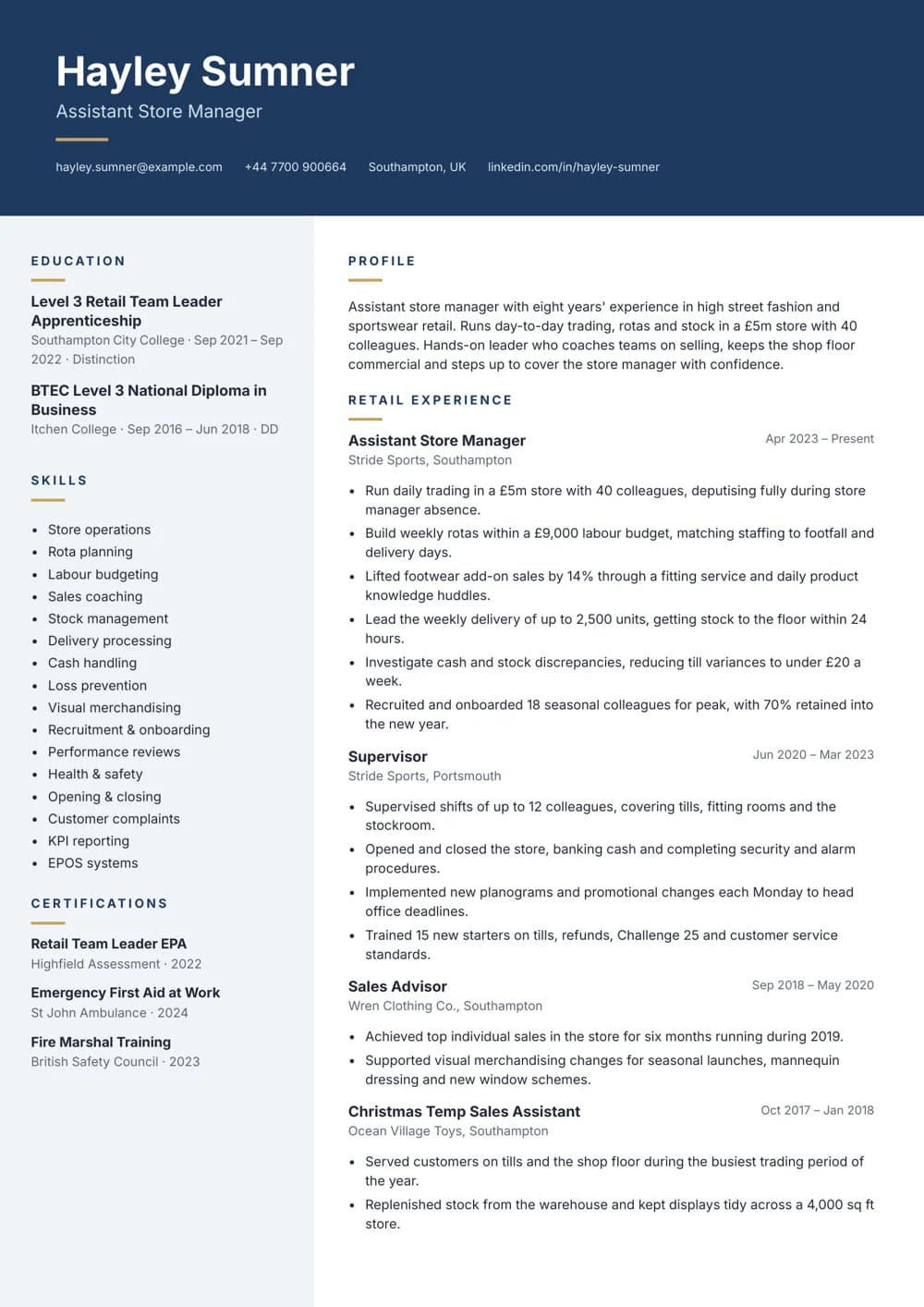 Assistant Store Manager CV template