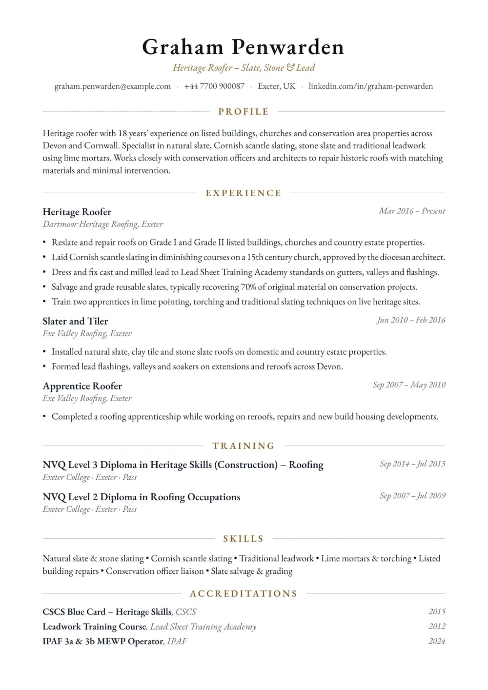 Heritage Roofer CV template