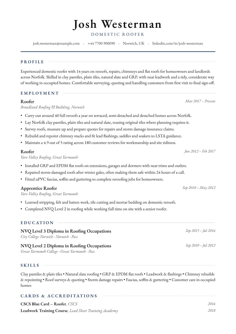Domestic Roofer CV template
