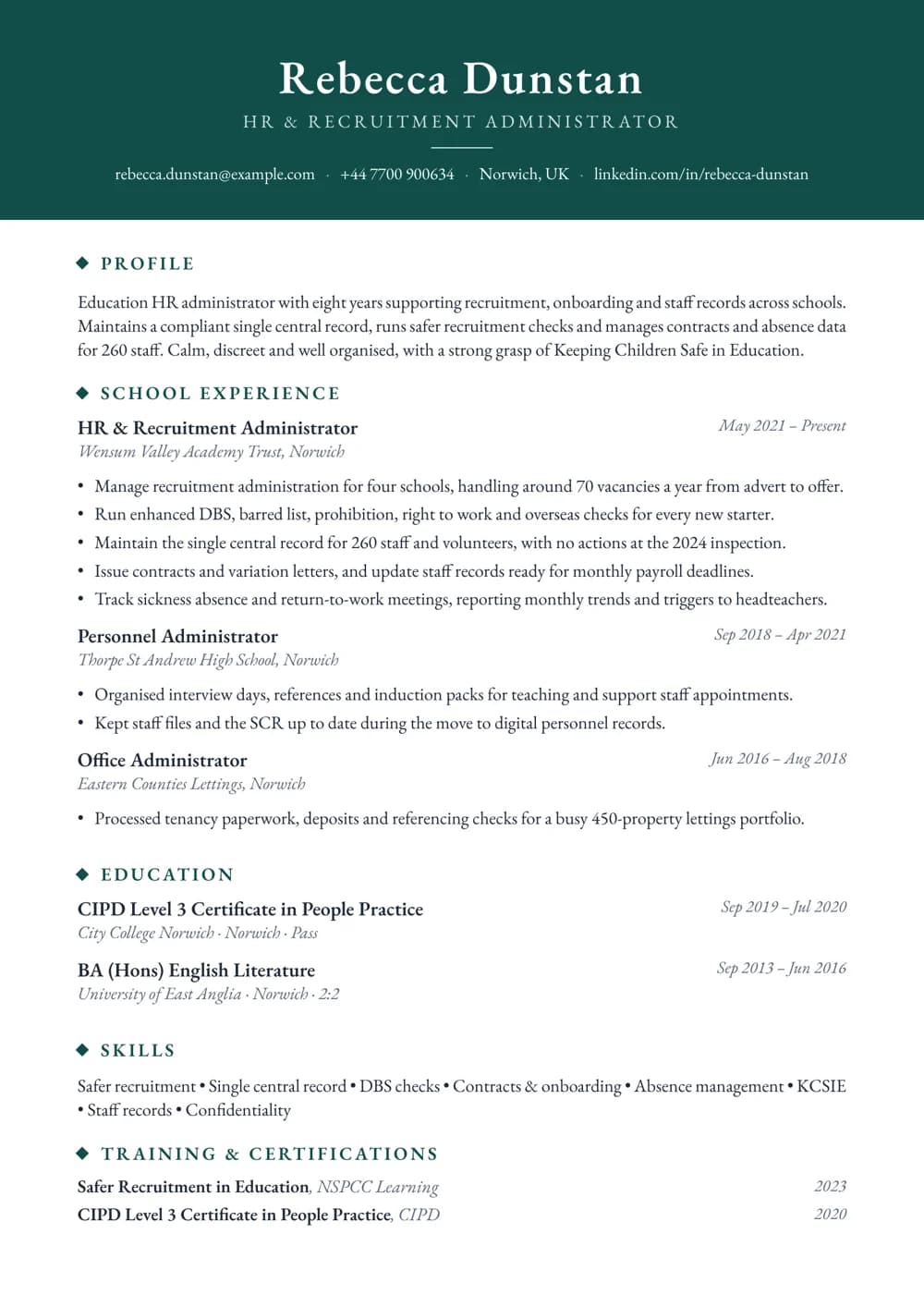 school hr administrator cv template