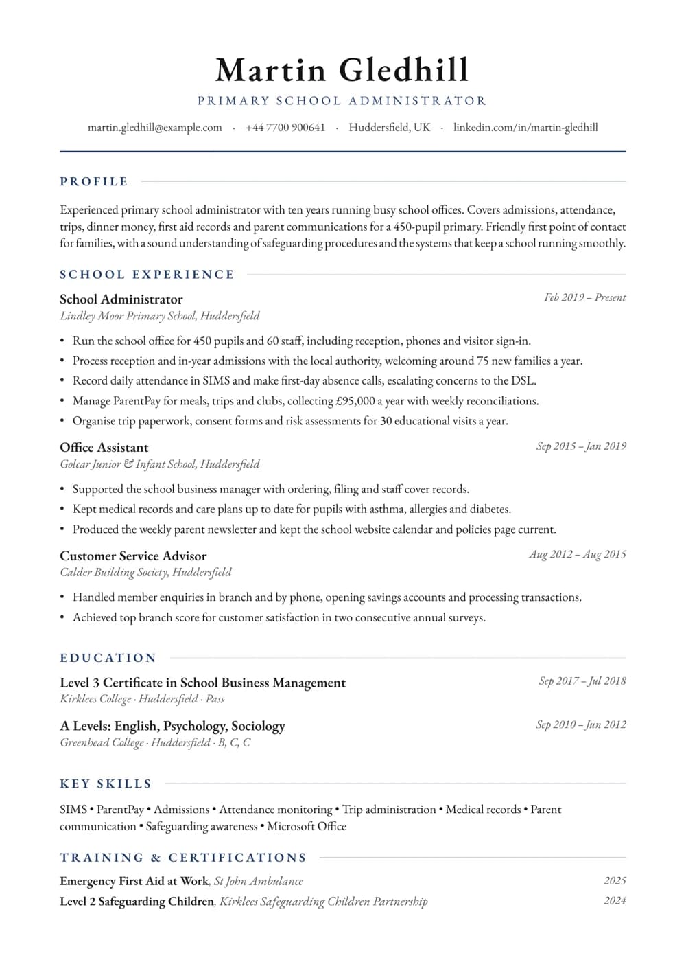 Primary School Administrator CV template