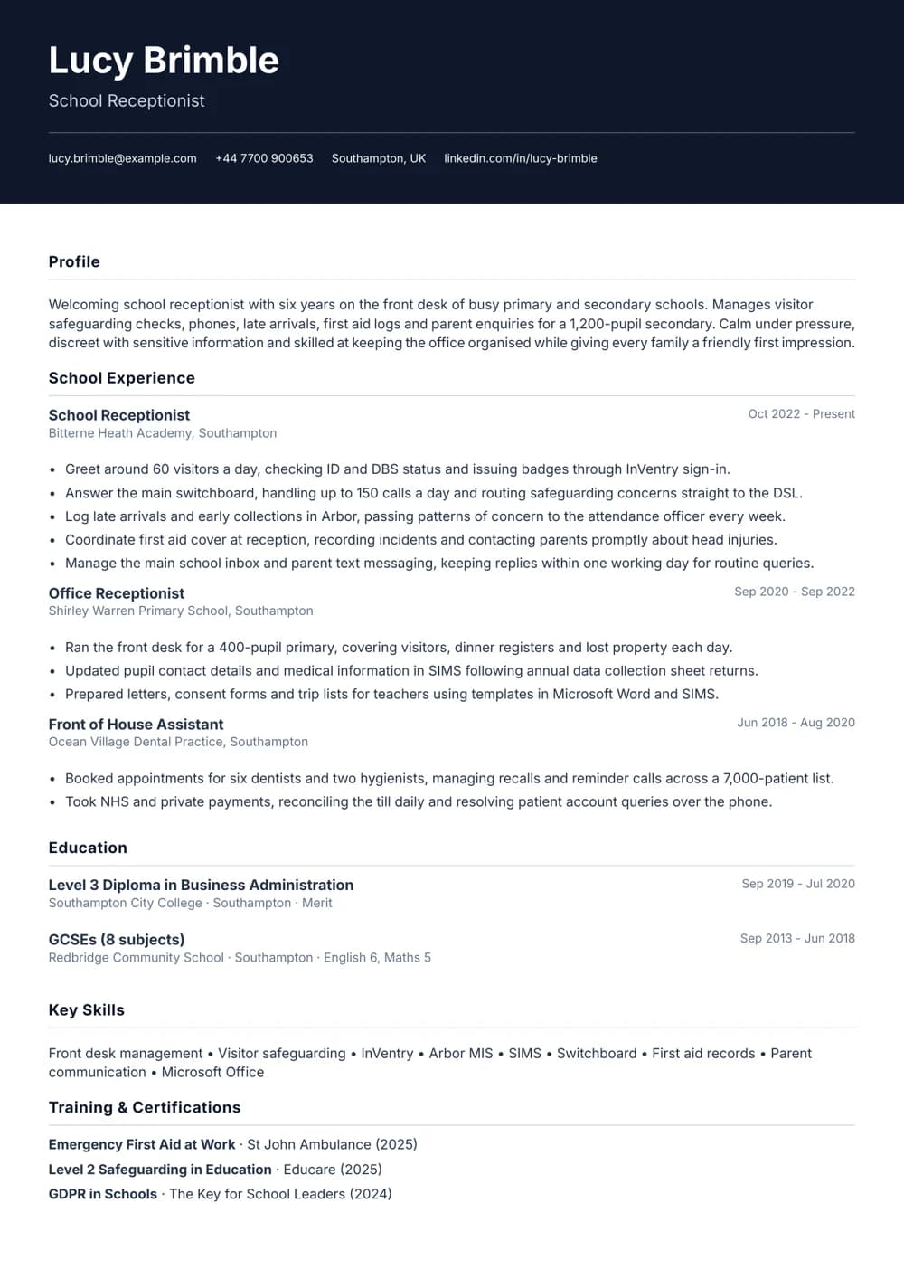 school receptionist cv cv template