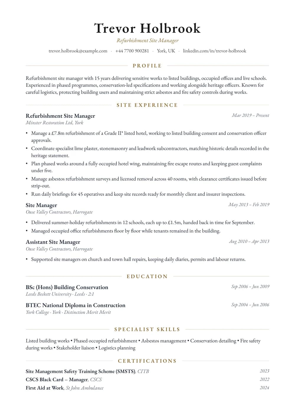Refurbishment Site Manager CV template