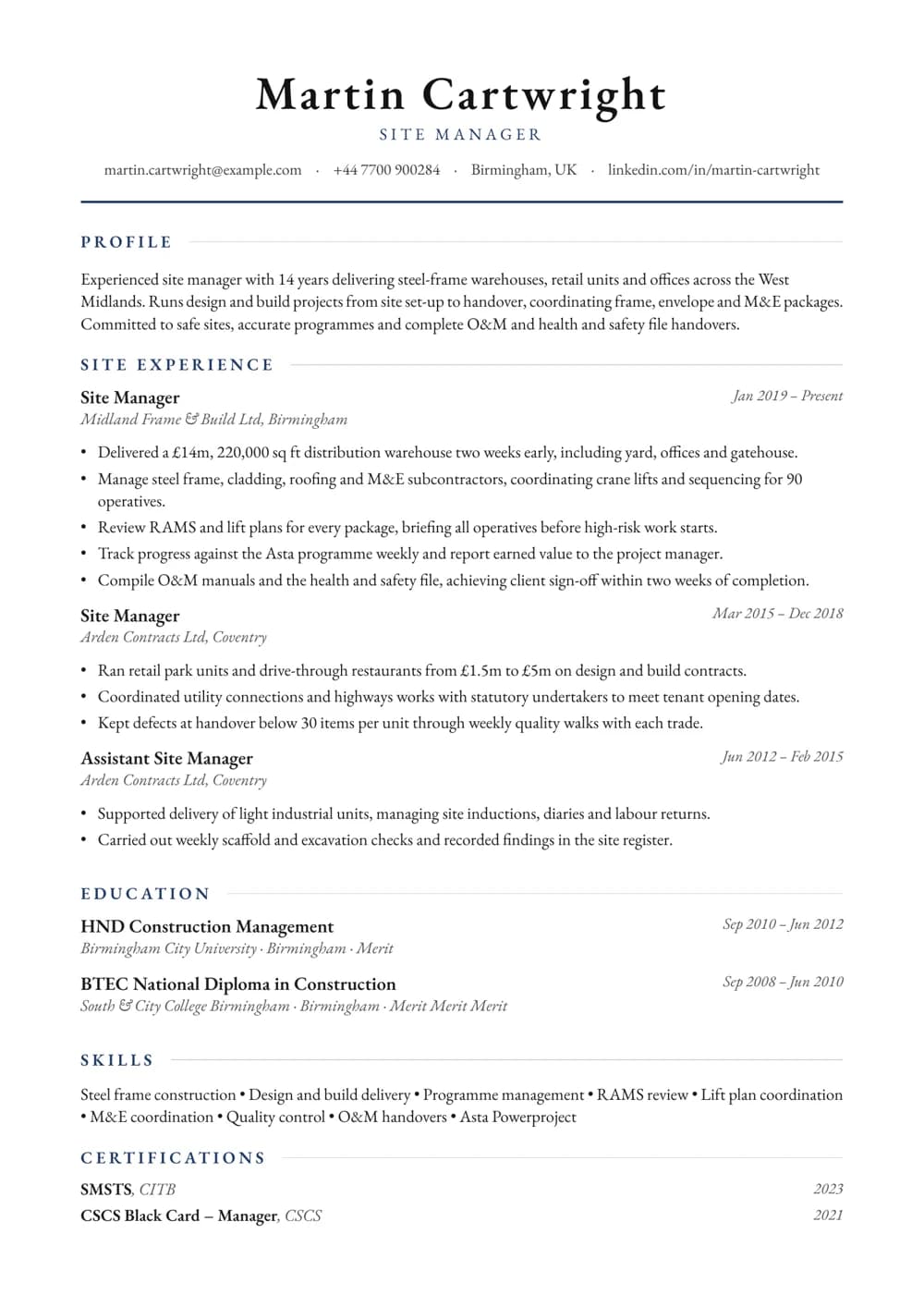 Commercial Site Manager CV template
