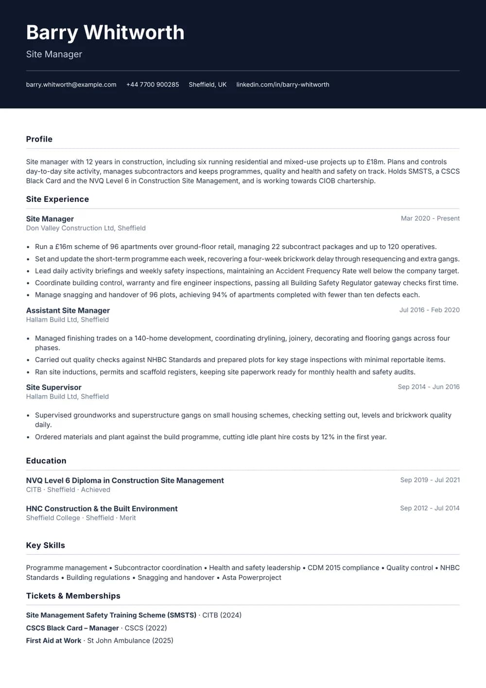 site manager cv template
