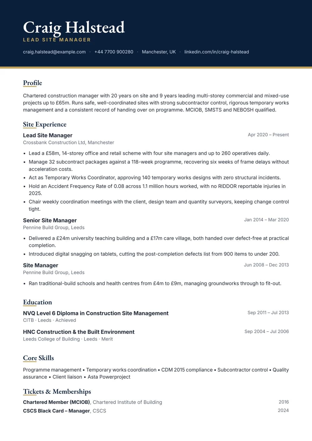 lead site manager cv template