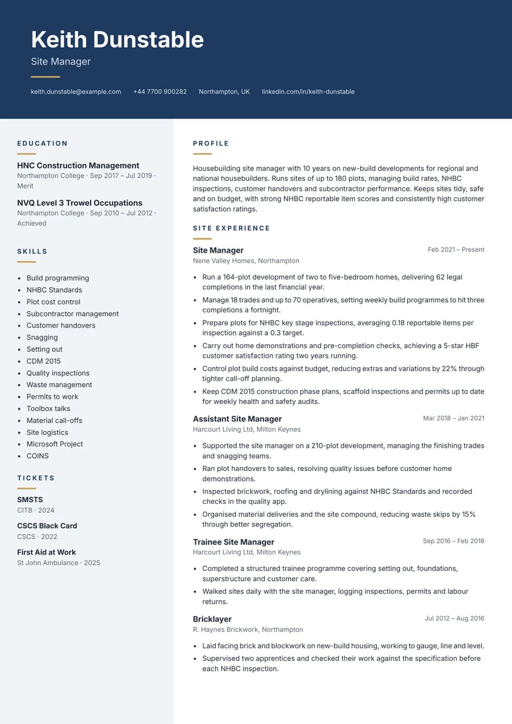 Housebuilding Site Manager CV template