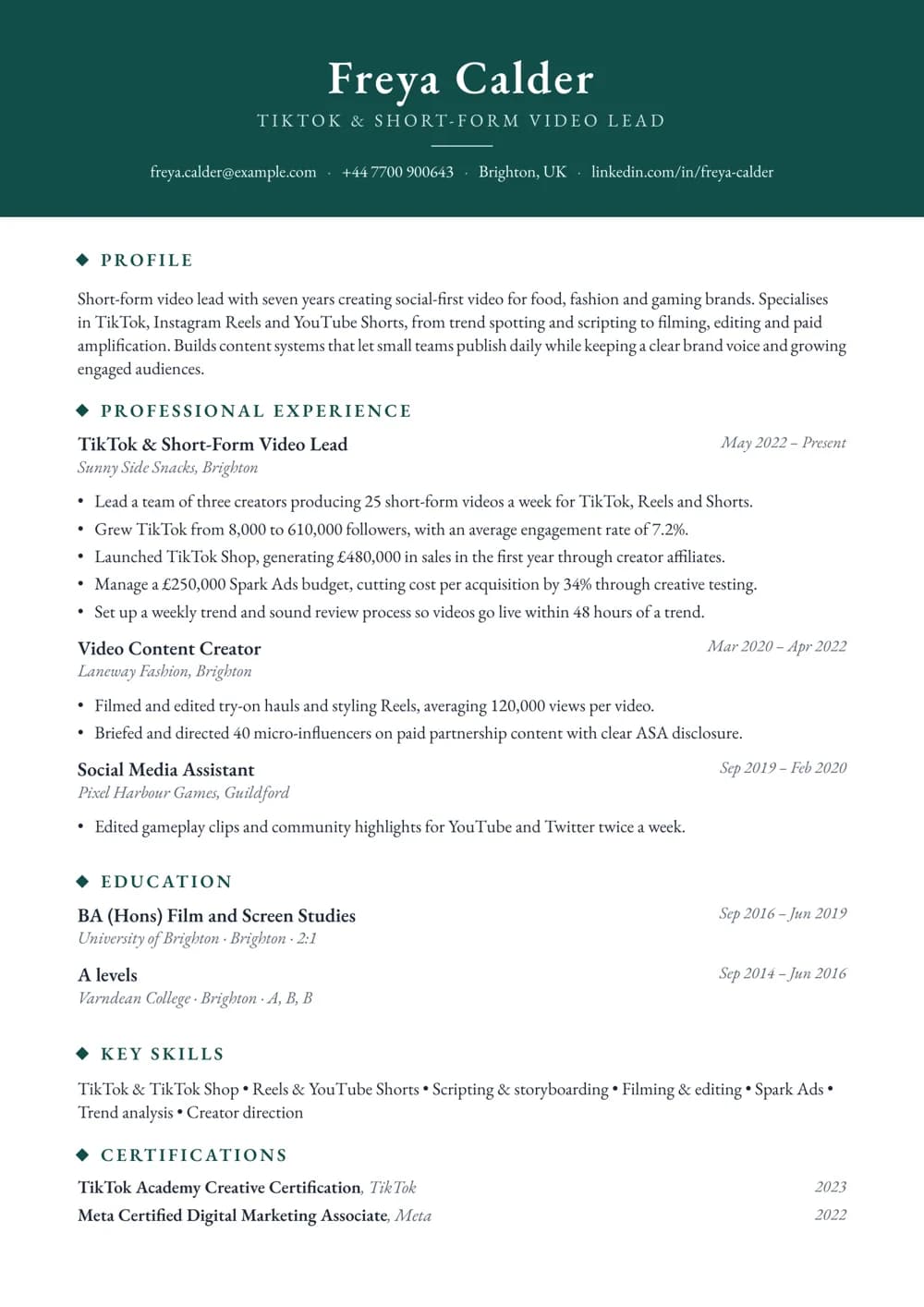tiktok & short-form video lead cv template