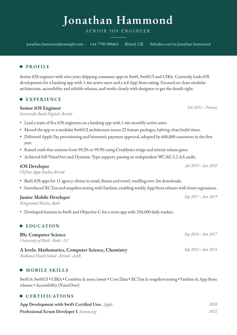 ios developer cv template