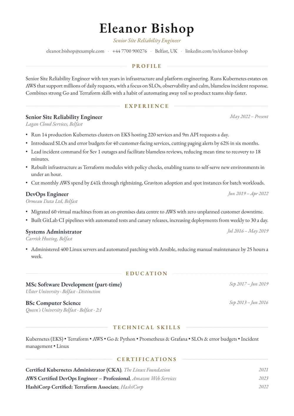 Site Reliability Engineer CV template