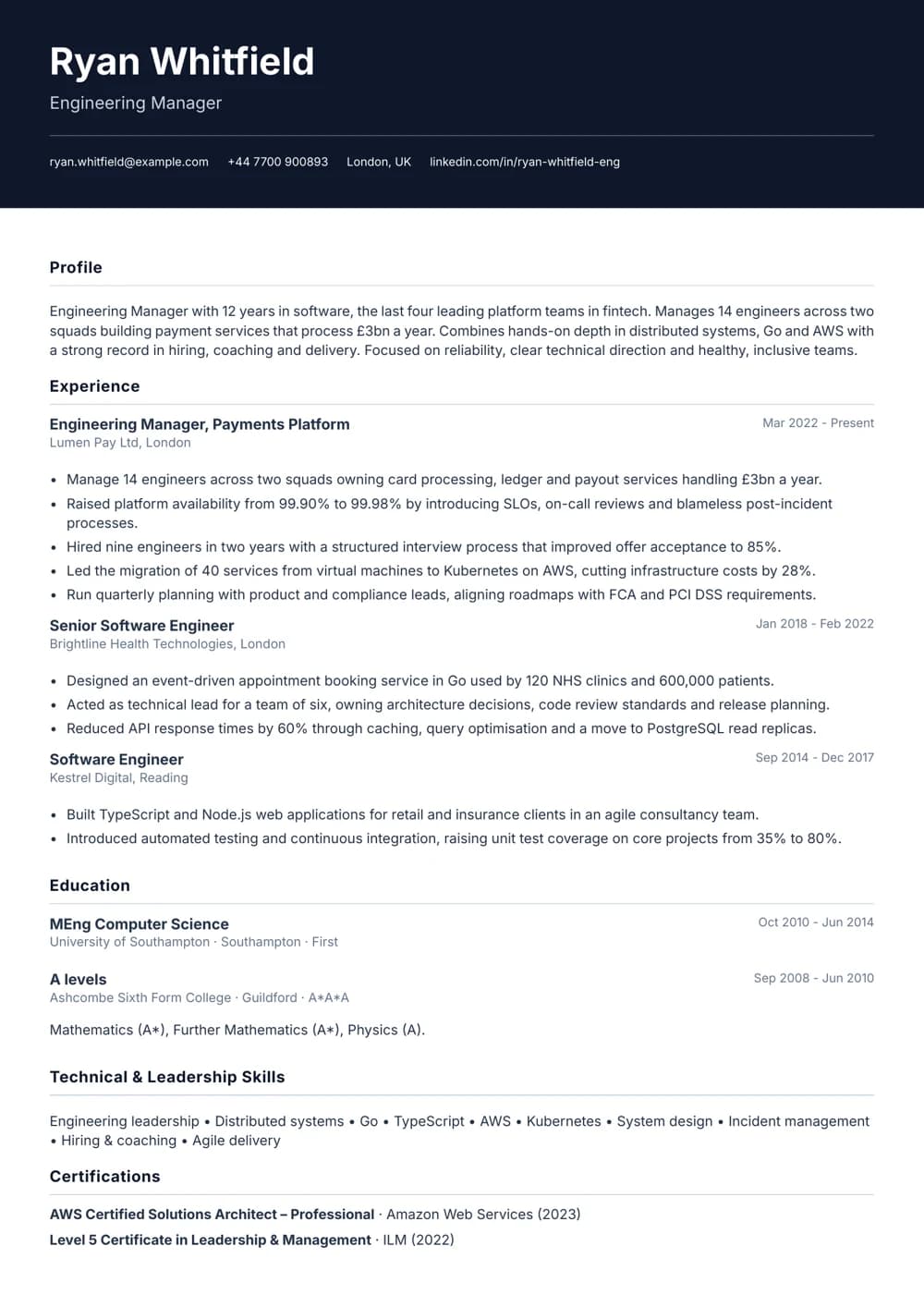 engineering manager cv template