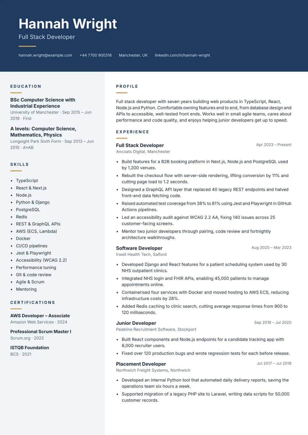 Full Stack Developer CV template