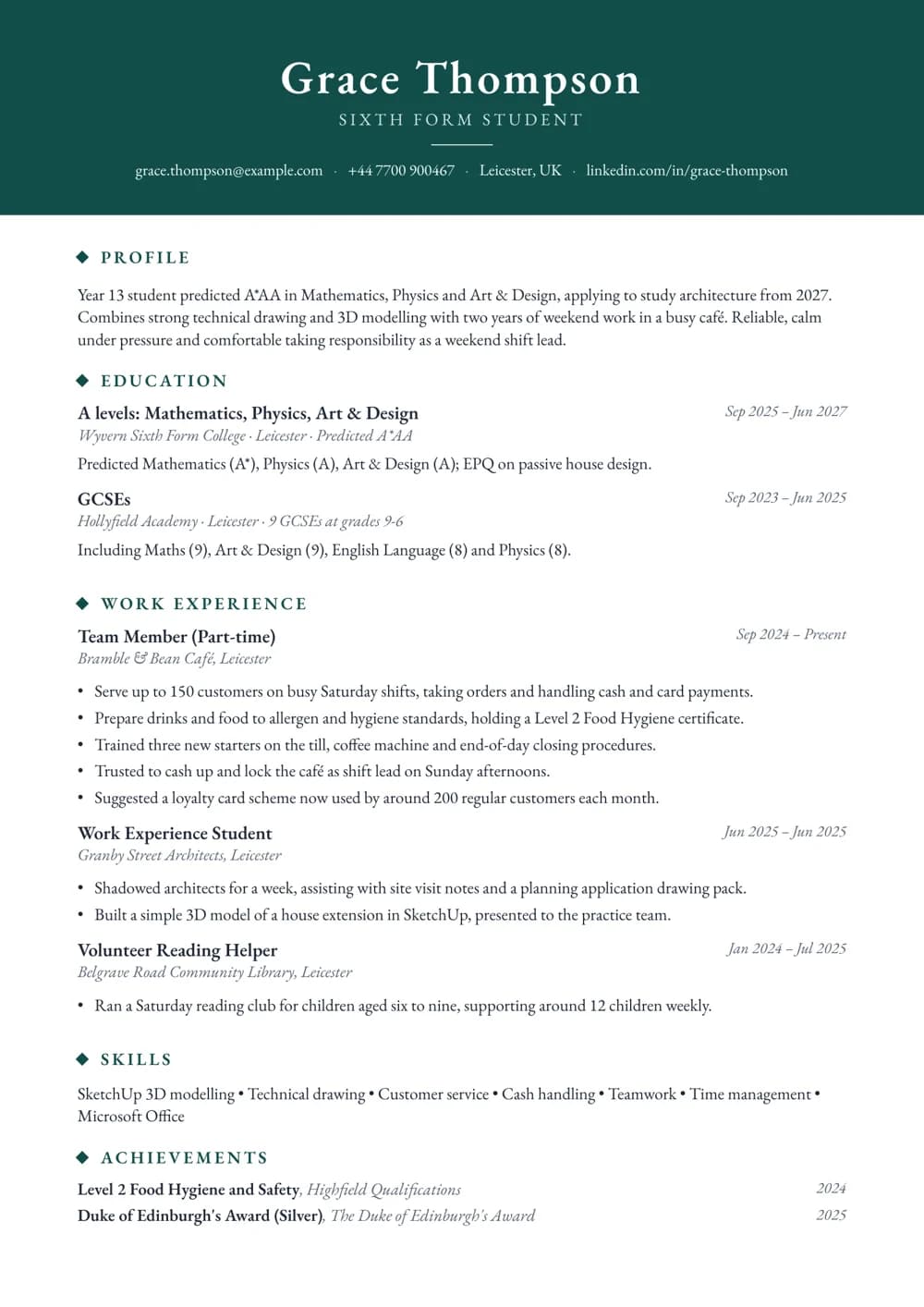 sixth form student cv template