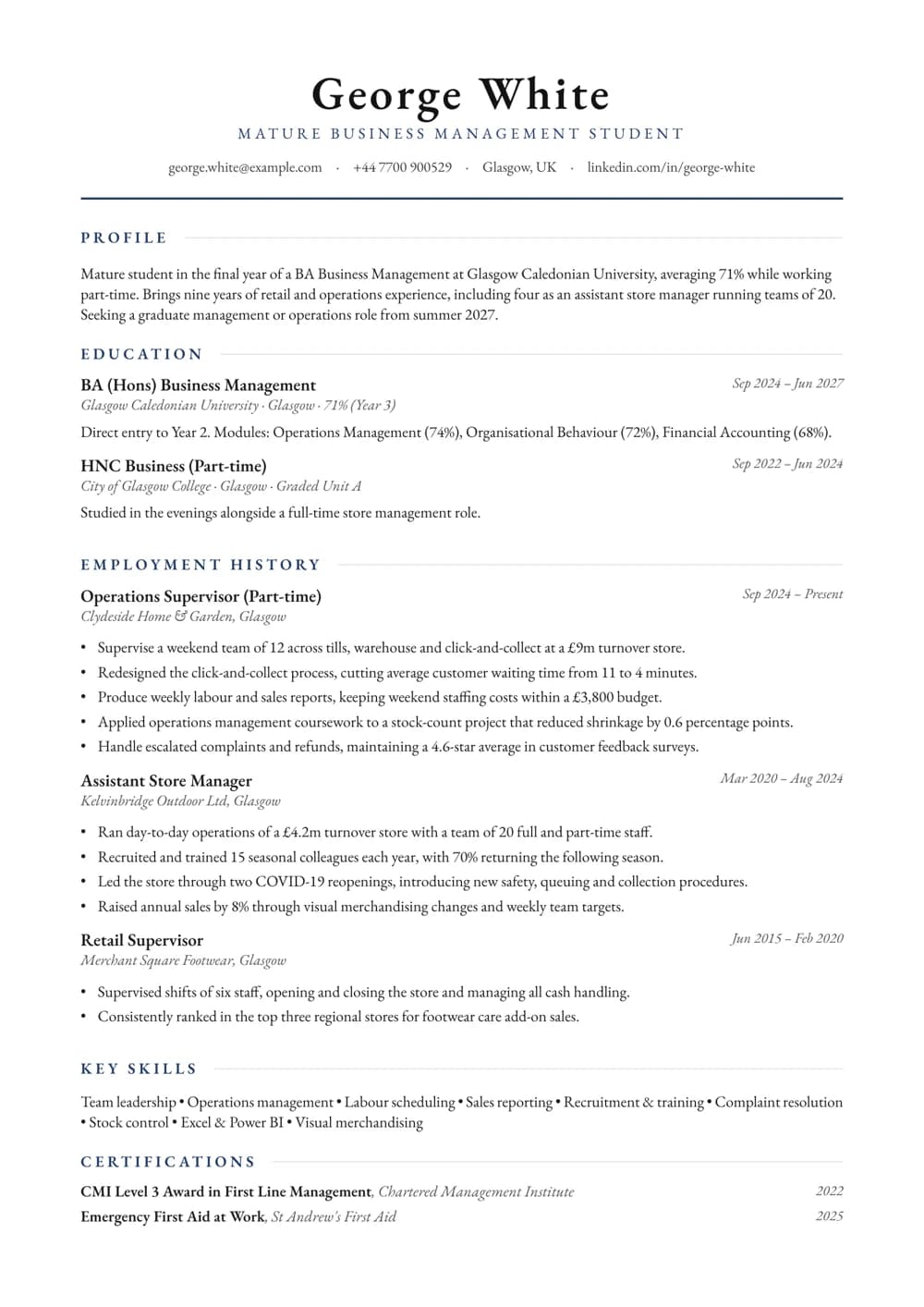 Mature Student CV template