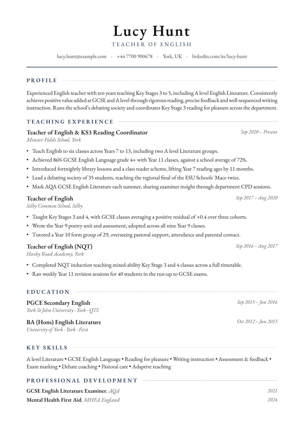English Teacher & Reading Lead CV template