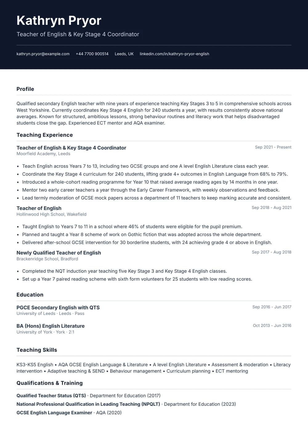 secondary english teacher cv template