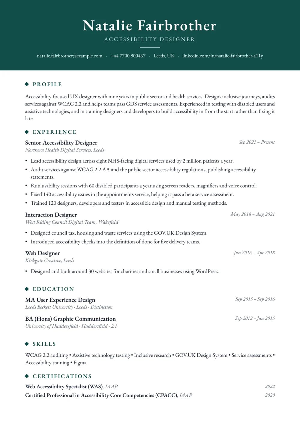 accessibility designer cv template