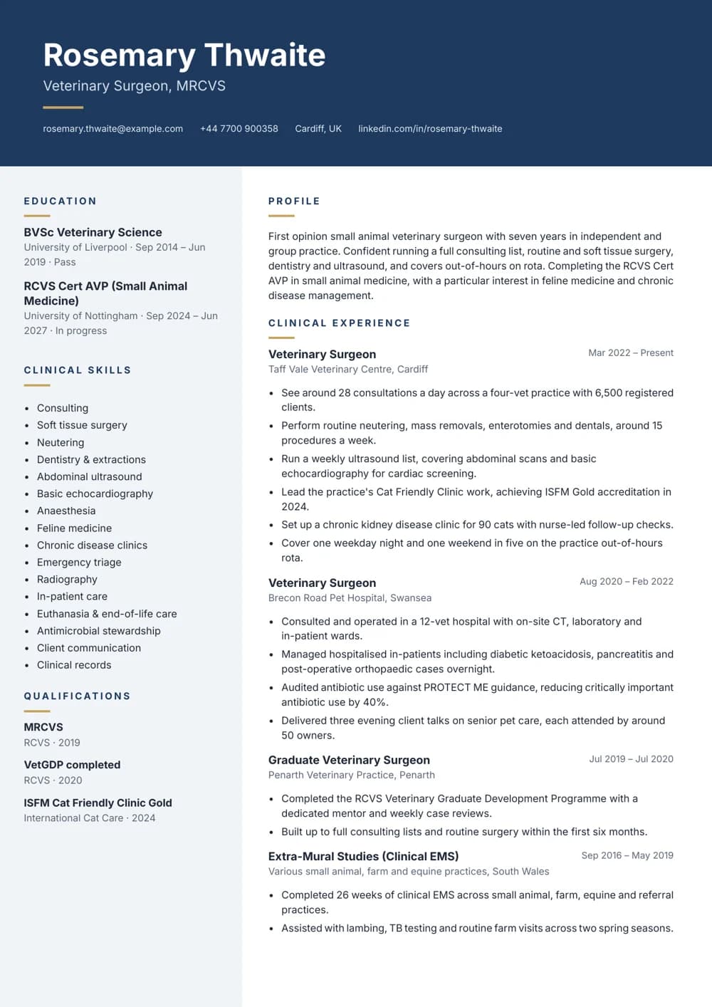 First Opinion Veterinary Surgeon CV template