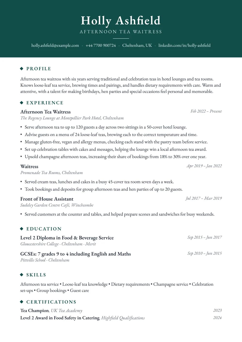 afternoon tea waitress cv template
