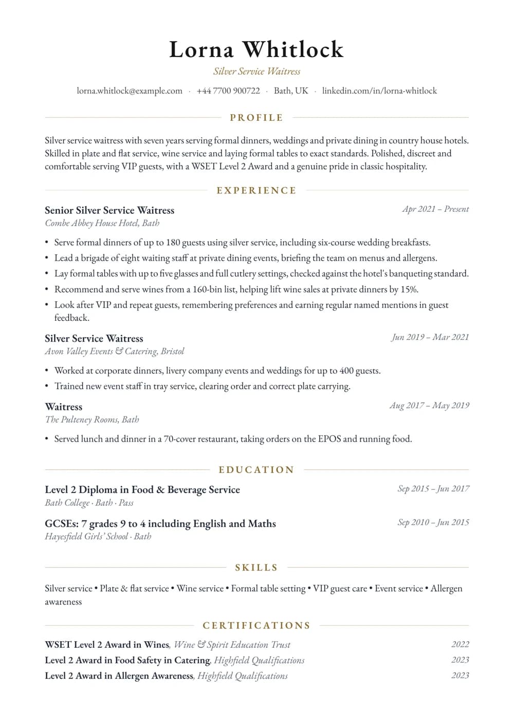 Silver Service Waitress CV template