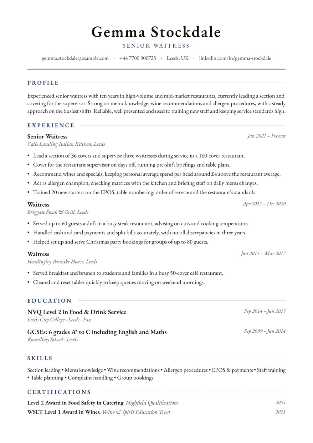 Senior Waitress CV template