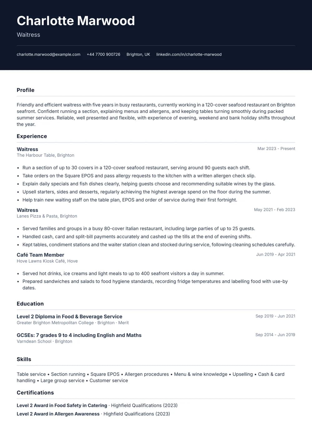 restaurant waitress cv template