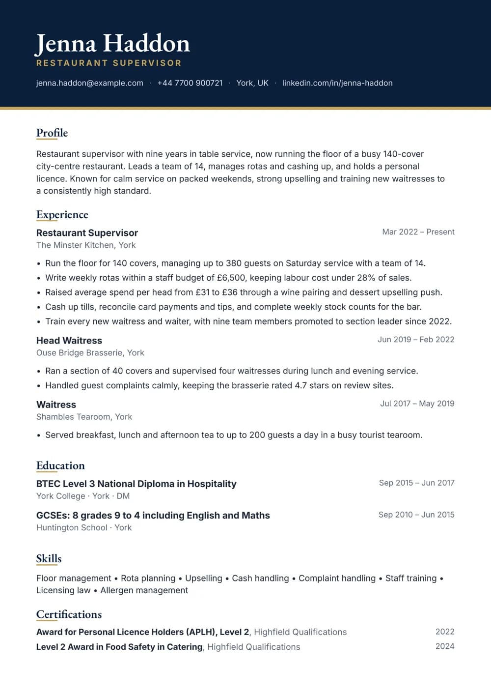 restaurant supervisor cv template