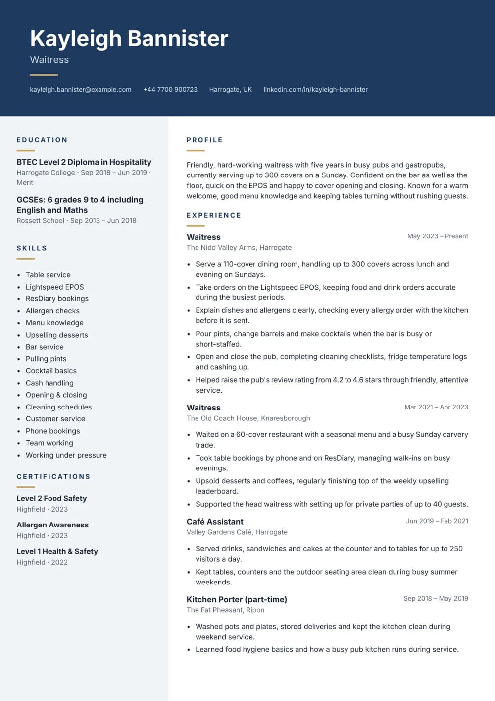 Gastropub Waitress CV template