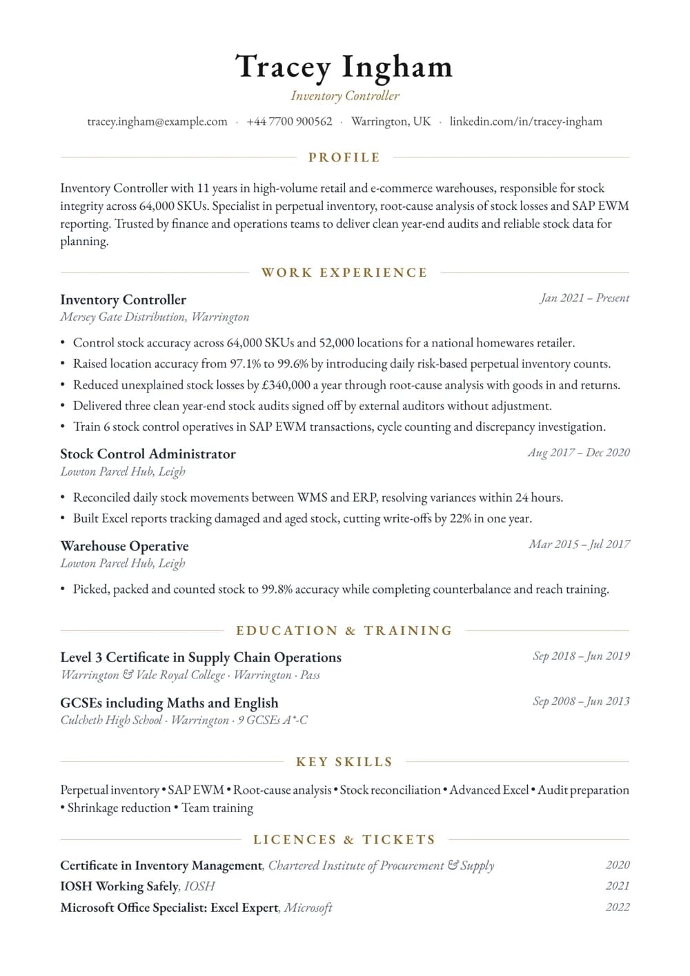 Inventory Controller CV template