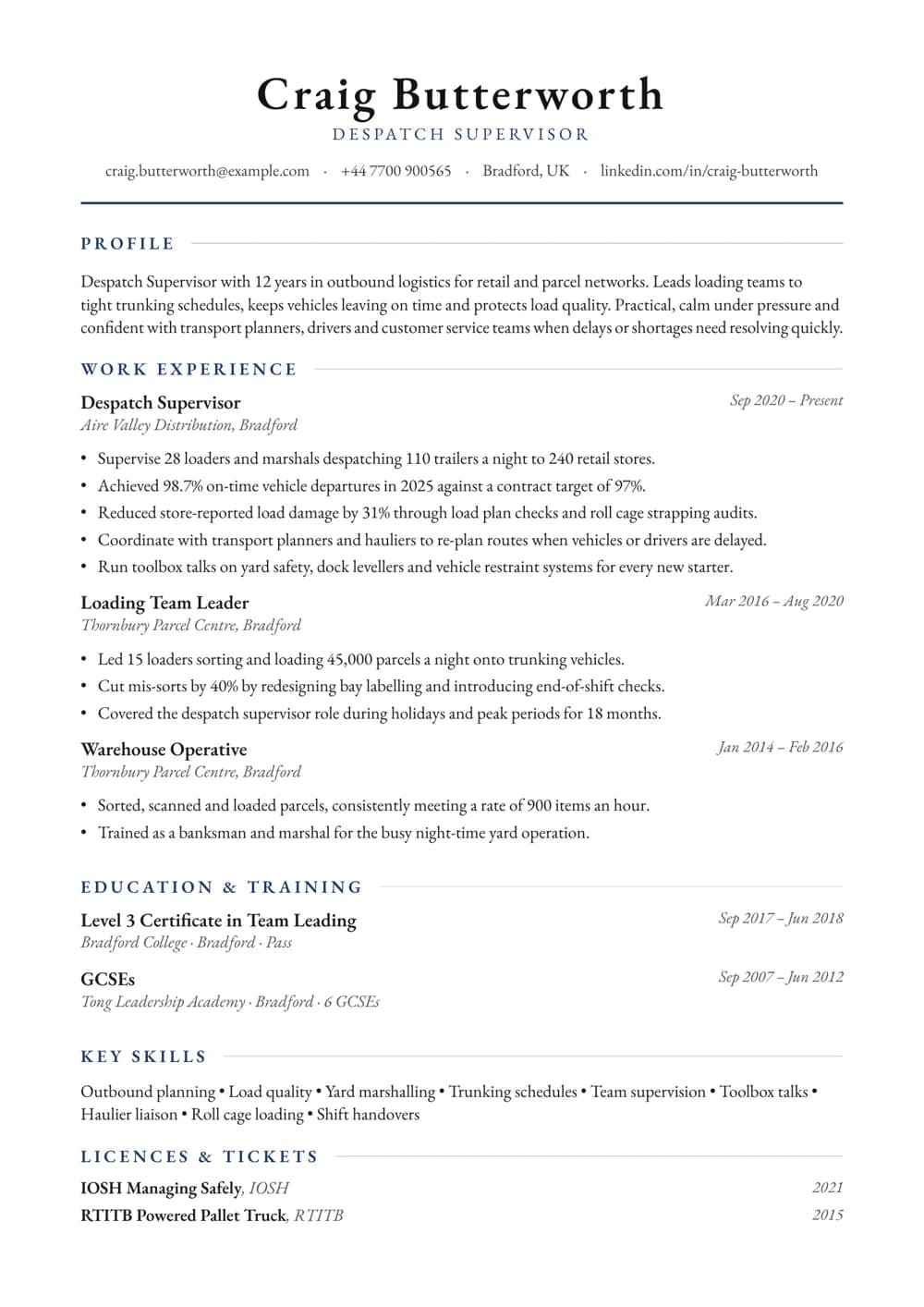 Despatch Supervisor CV template