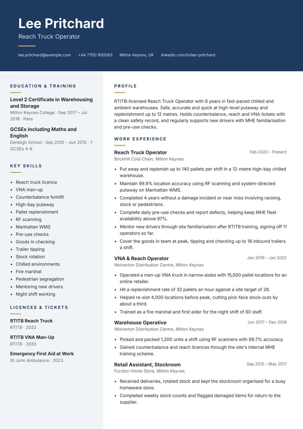 Reach Truck Operator CV template