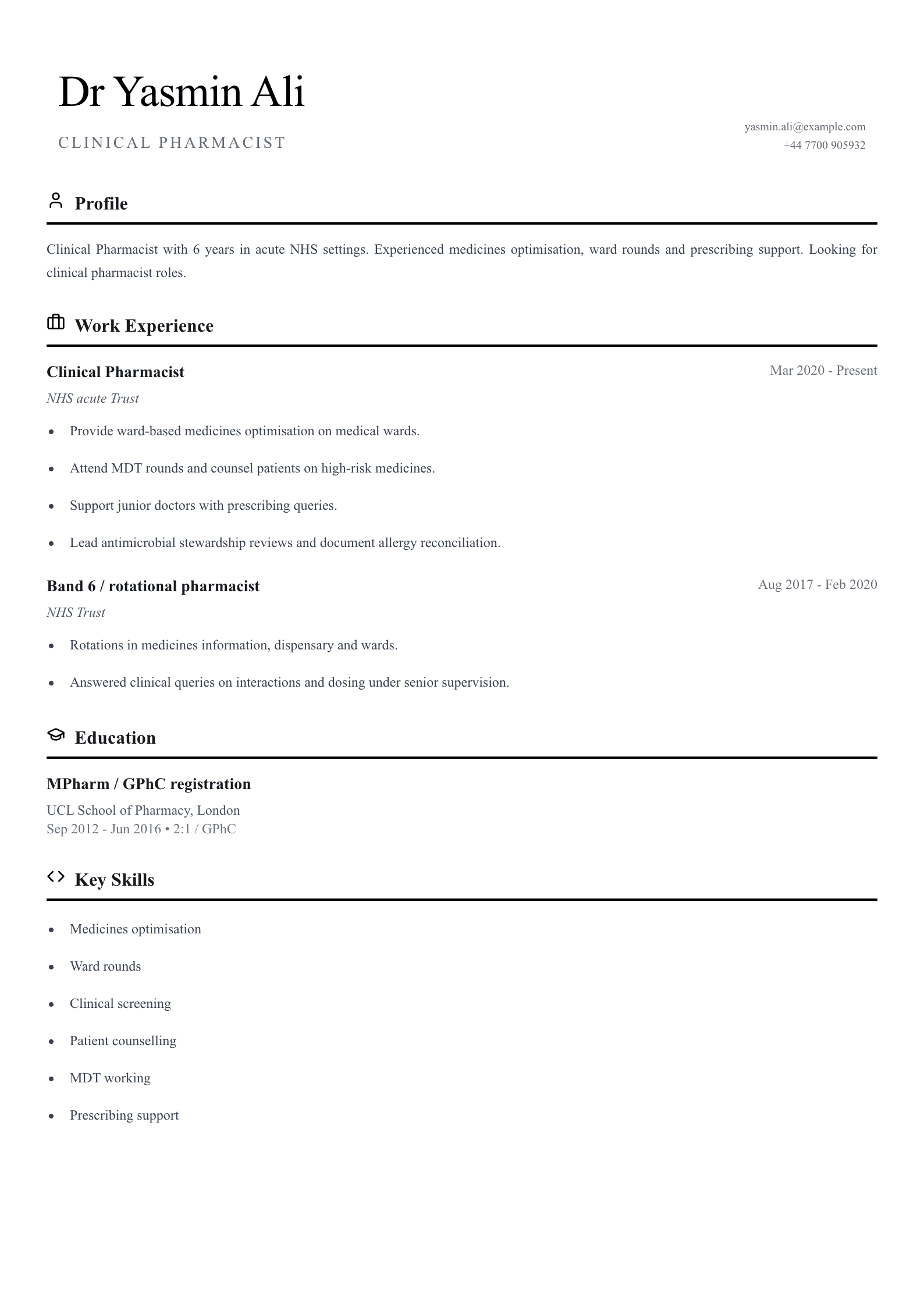 ward clinical pharmacist cv template
