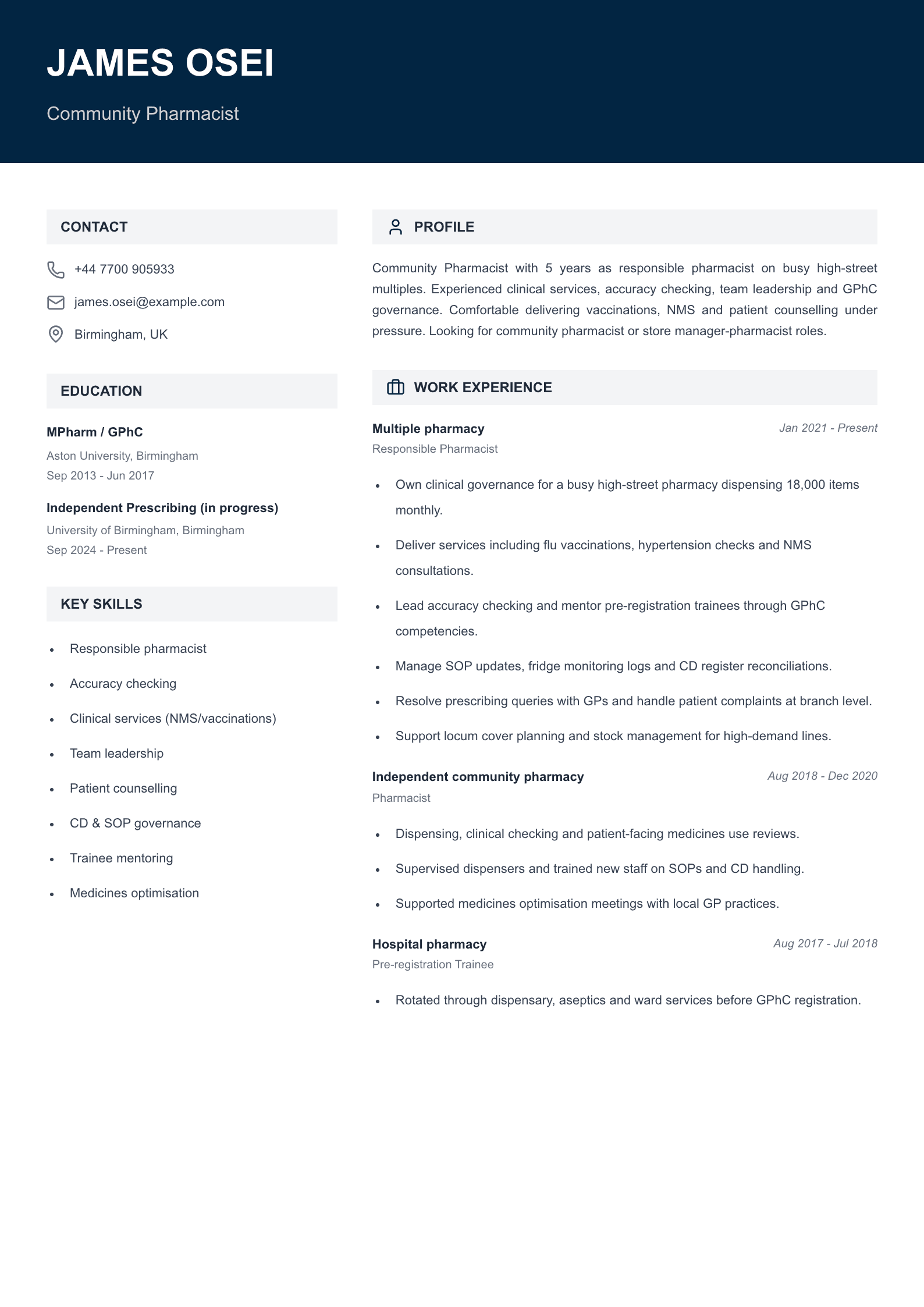 high street community pharmacist cv template